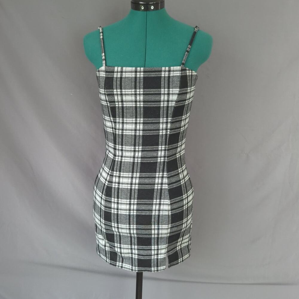 Revamped Black White Plaid Bodycon Mini Dress Adjustable Straps Medium